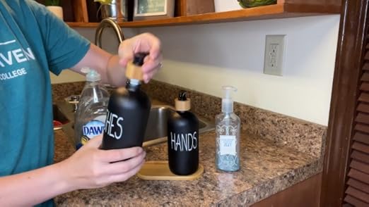 Glass Soap Dispenser Set. Hand and Dish with Bamboo Tray. Vintage Pump for Kitchen Drain Outlet Bathroom. Stylish Permanent Labels (Matte Black)