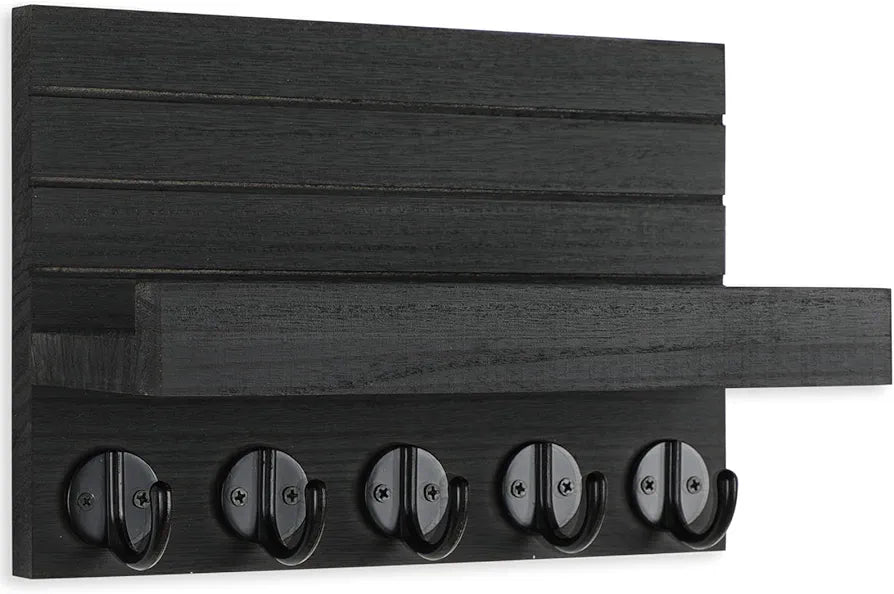 Lwenki Decorative Wall-Mounted Key and Mail Holder with Shelf, Large Hooks for Bags, Coats, and Umbrellas, Paulownia Wood