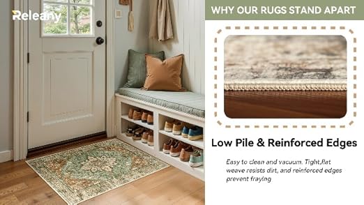 RELEANY Area Rugs 8'x10' Washable Non-Slip, Floral Vintage Distress Medallion Carpet for Living Room Bedroom Dining Room, Terracotta Burnt Orange Green