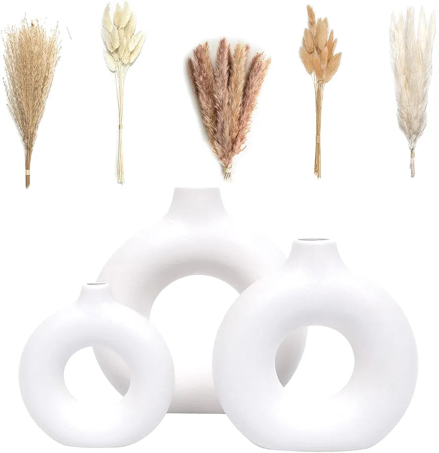 VELOVA Set of 3 White Ceramic Vases with 65-Piece Dried Pampas Grass Boho Decor Set