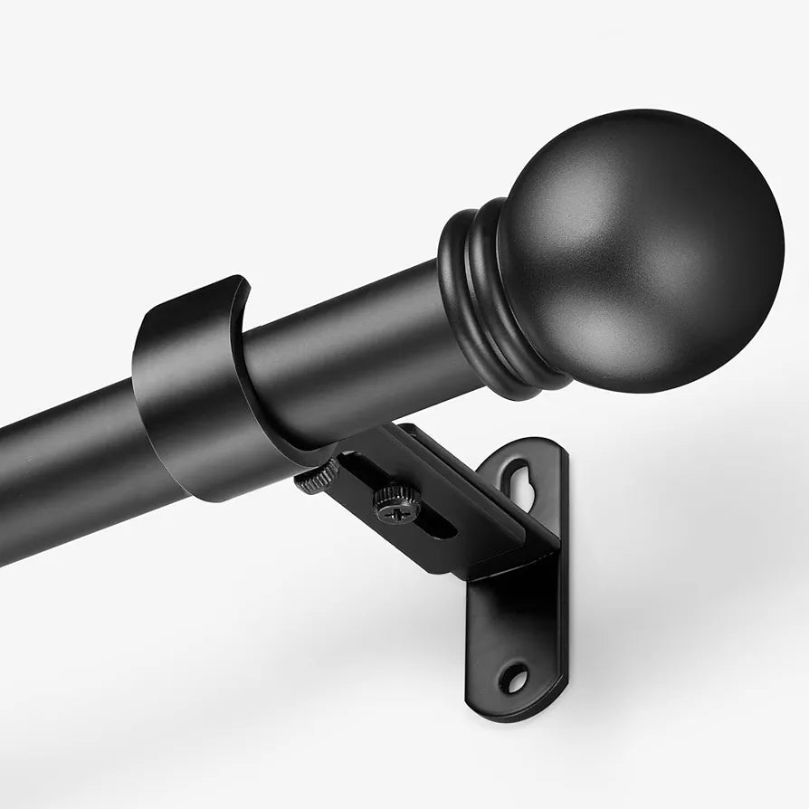 Adjustable 16-48 Inch Black Curtain Rod with Round Finials, 5/8" Diameter
