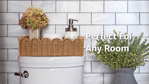 CubesLand Paper Rope Scalloped Edge Toilet Paper Storage Basket, Small Living Room, Bedroom Decor Baskets for Over Toilet Storage Shelf, End Table, Shelves and More, with 2 Wooden Handle, Neutral