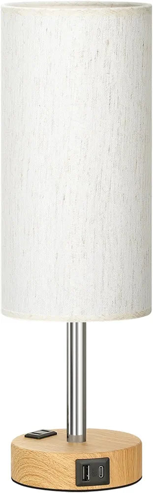 Fenmzee 3-Way Dimmable Touch Bedside Lamp with USB-C Charging Port, AC Outlet, and Wood Base