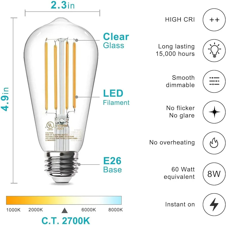 TJOY Dimmable Vintage LED Edison Bulbs, 60W Equivalent, E26 Base, 2700K Warm White, 6 Pack