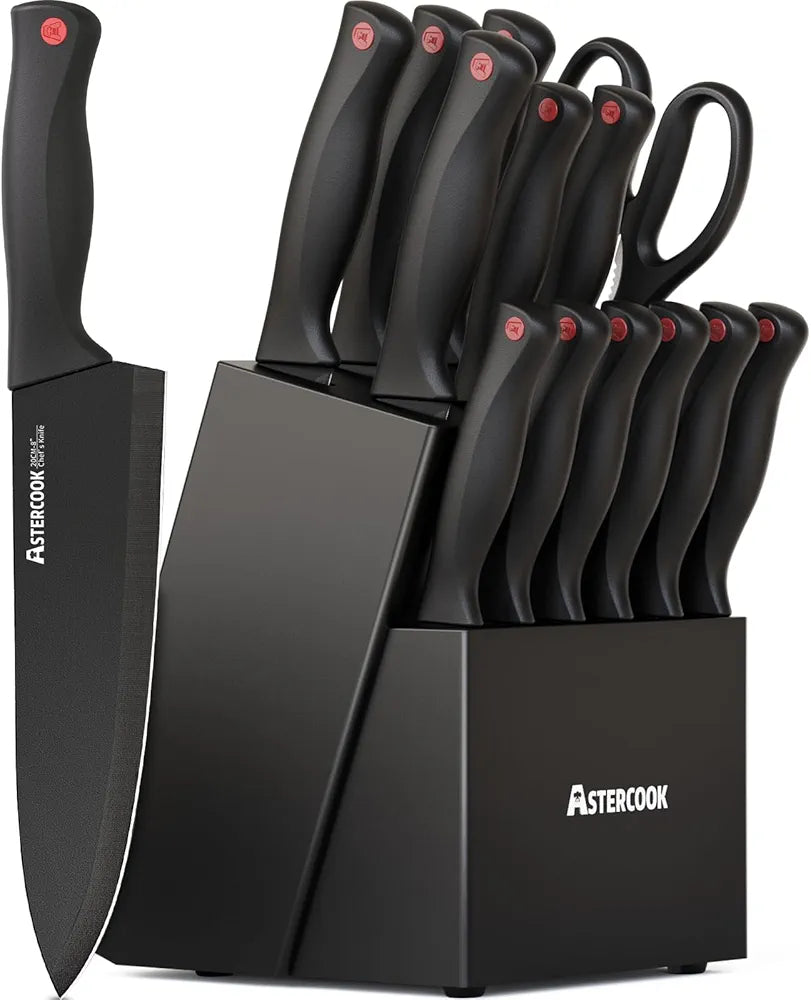 Knife Set, Astercook 15 Pieces Knife Sets for Kitchen with Block, Dishwasher Safe Kitchen Knife Set with Built in Sharpener Block, German Stainless Steel Kitchen Utensils Set