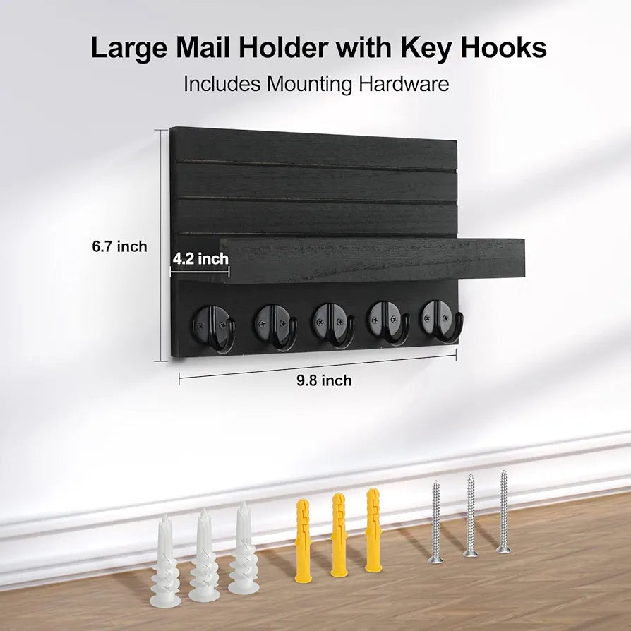 Lwenki Decorative Wall-Mounted Key and Mail Holder with Shelf, Large Hooks for Bags, Coats, and Umbrellas, Paulownia Wood