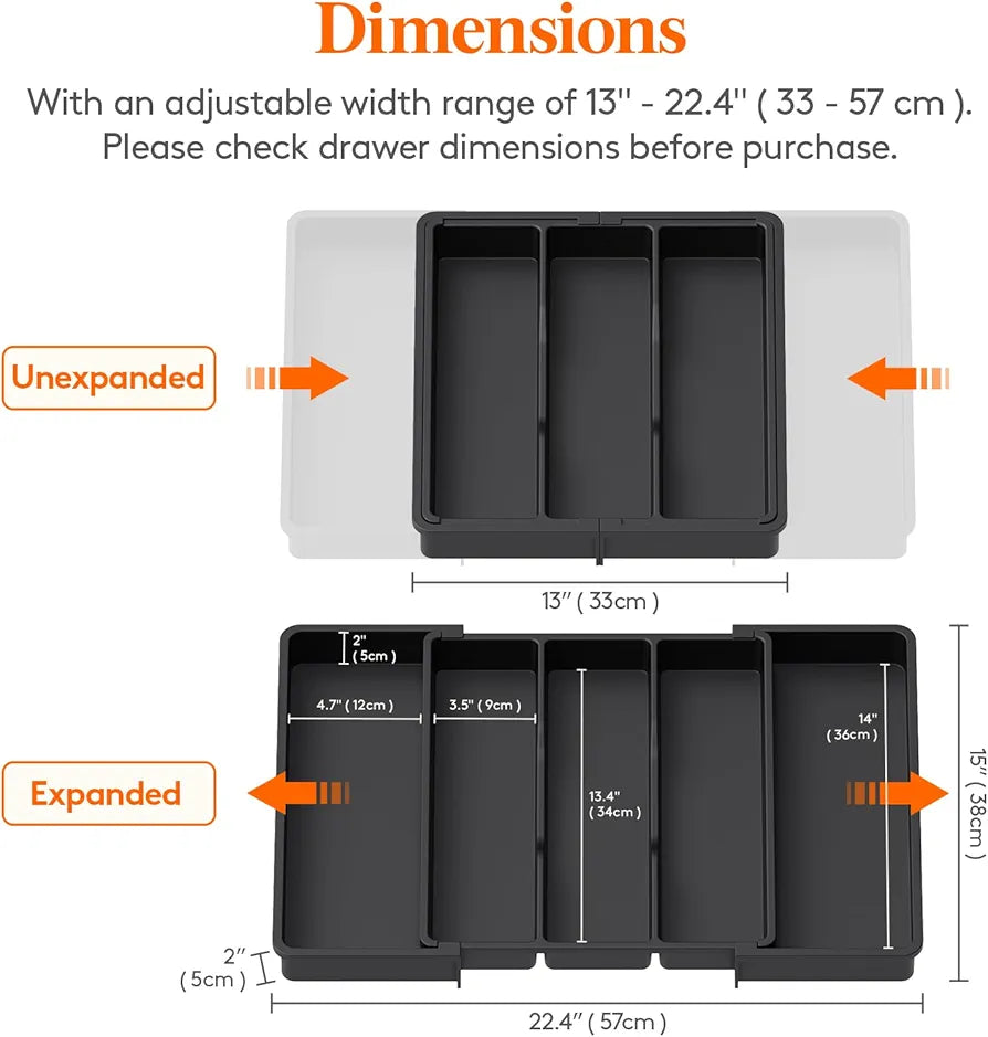 Lifewit Expandable Kitchen Drawer Utensil Organizer, Adjustable Cutlery and Flatware Tray, 13-22 x 15 Inch, Black