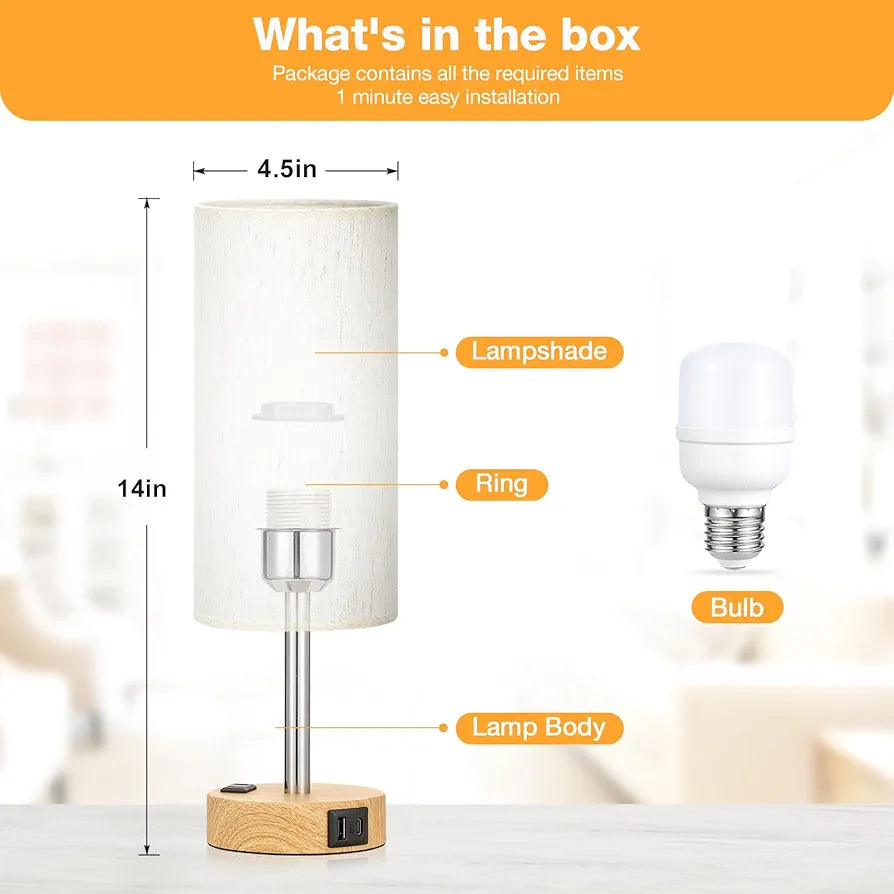 Fenmzee 3-Way Dimmable Touch Bedside Lamp with USB-C Charging Port, AC Outlet, and Wood Base