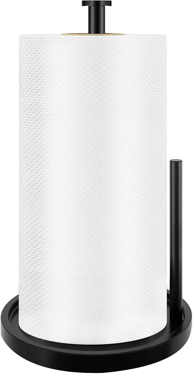 STWWO Paper Towel Holder Countertop, Standing Paper Roll Holder with Anti Slip Weighted Base, Stainless Steel Freestanding Paper Towel Holder for Kitchen, Black