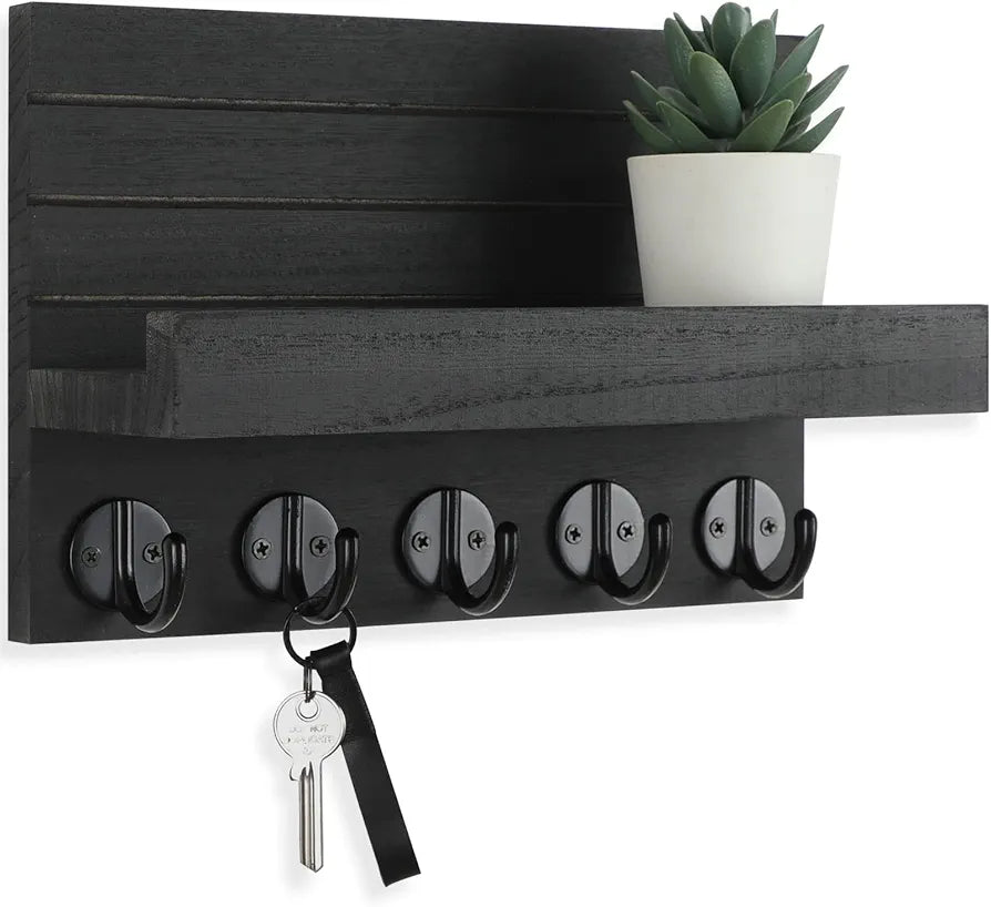 Lwenki Decorative Wall-Mounted Key and Mail Holder with Shelf, Large Hooks for Bags, Coats, and Umbrellas, Paulownia Wood
