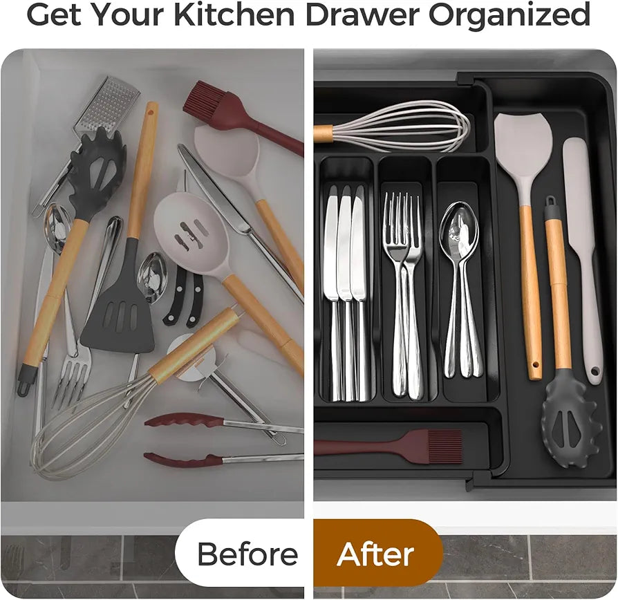 ukeetap Extra Large Expandable Silverware Organizer, BPA-Free Food-Safe Cutlery Flatware Organizer, Kitchen Utensil Drawer Organizer, Adjustable Silverware Holder for Spoons Forks Knives, Black