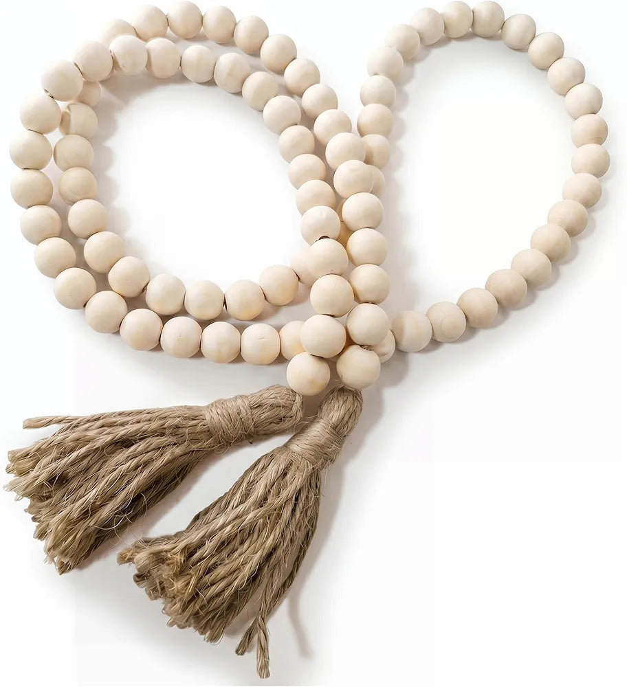 Rustic Boho Wood Bead Garland with Tassels - Long Farmhouse Decor
