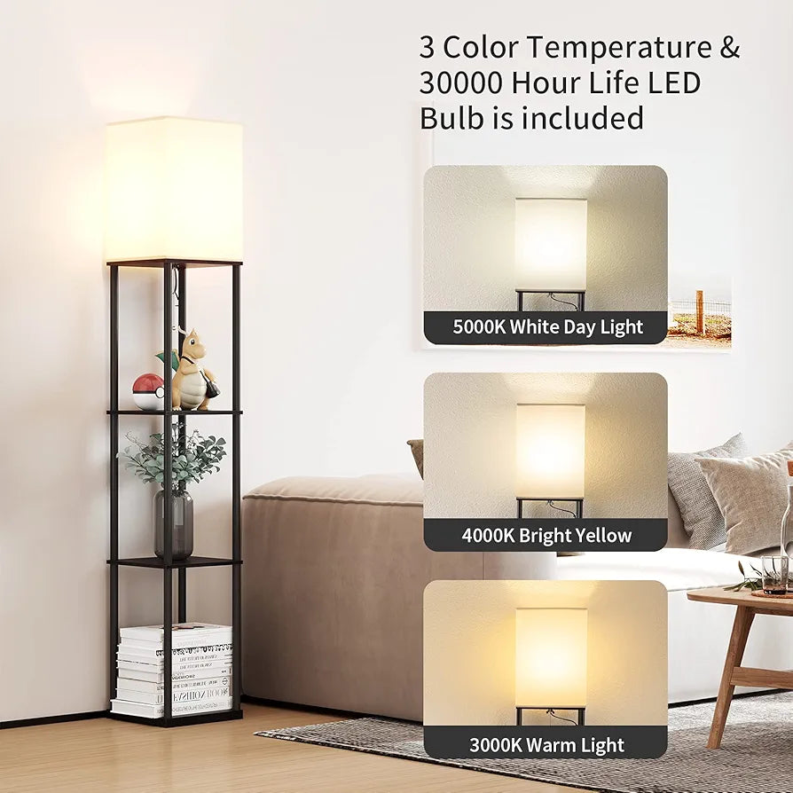 SUNMORY Modern 3-Tier Shelf Floor Lamp with 3-Color LED Bulb, Square Standing Bookshelf Lamp for Living Room and Bedroom