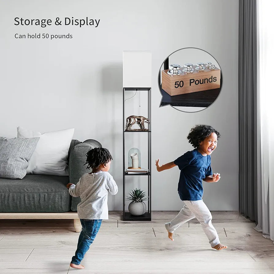 SUNMORY Modern 3-Tier Shelf Floor Lamp with 3-Color LED Bulb, Square Standing Bookshelf Lamp for Living Room and Bedroom