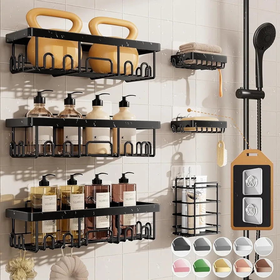 Veken Shower Caddy 6-Pack, Advanced Rustproof Design, No Drilling Adhesive Shelves, Rack with Soap Holder, Large Capacity Bathroom Organizers and Storage, Wall-Mounted Kitchen & Home Decor
