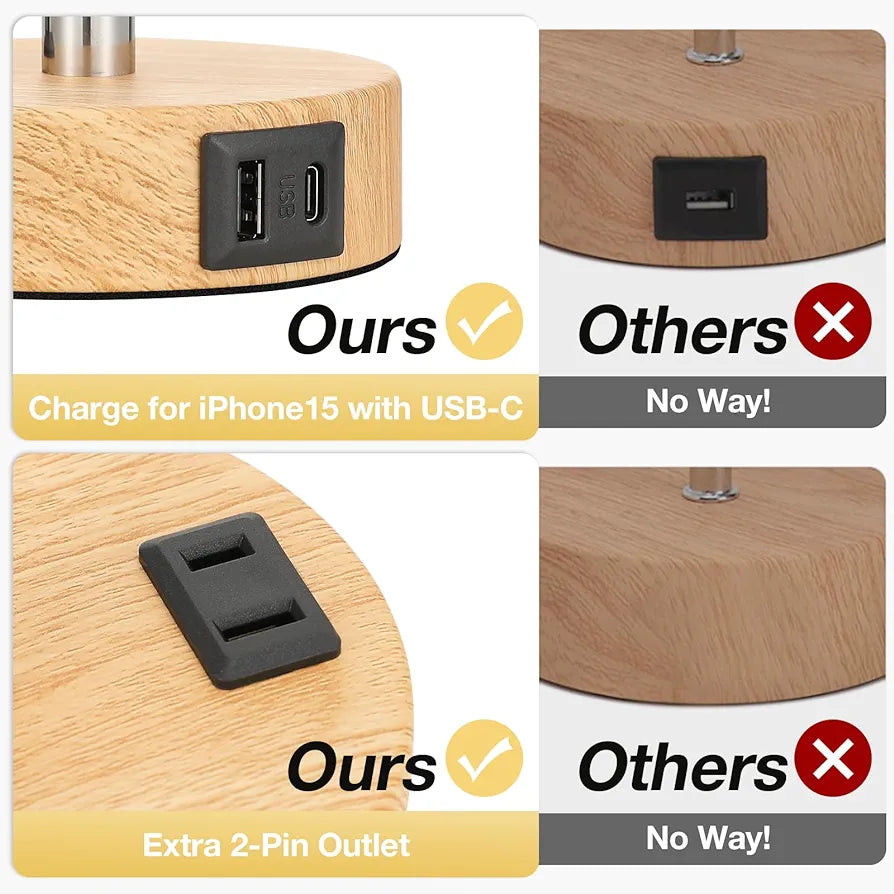 Fenmzee 3-Way Dimmable Touch Bedside Lamp with USB-C Charging Port, AC Outlet, and Wood Base