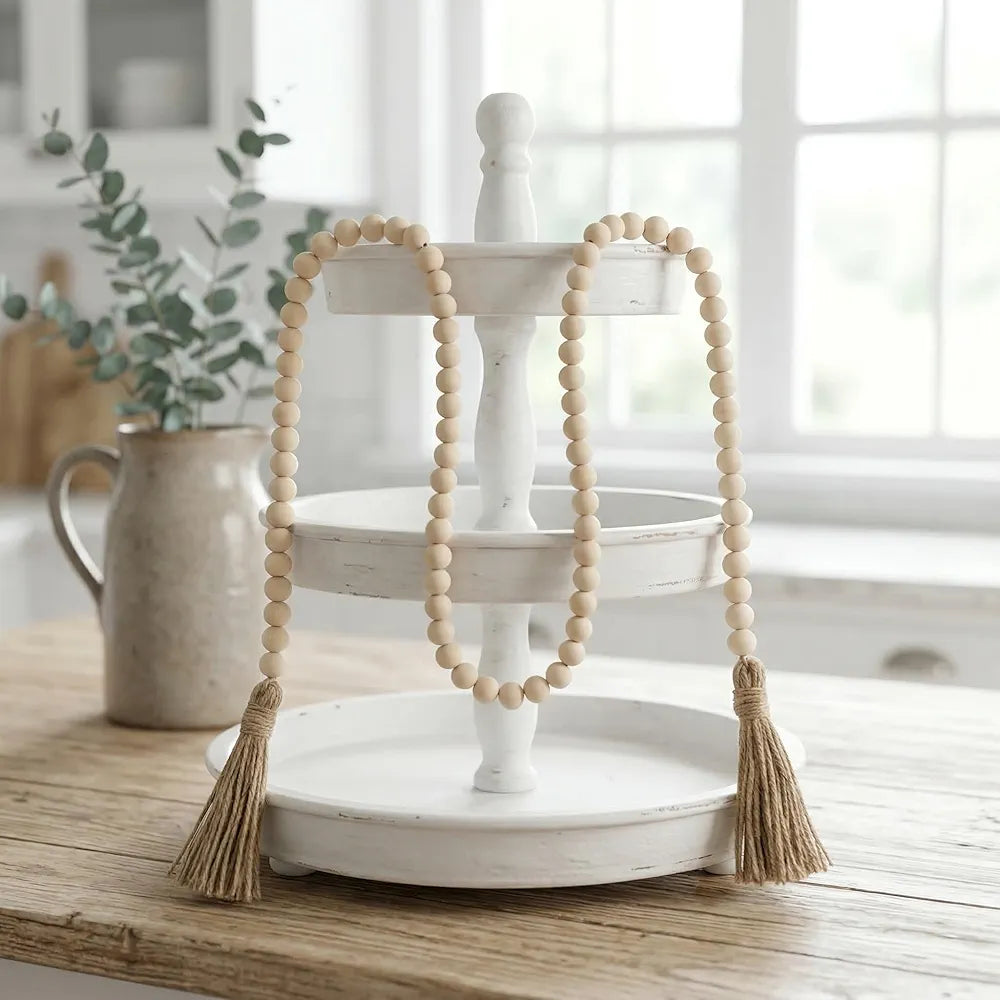 Rustic Boho Wood Bead Garland with Tassels - Long Farmhouse Decor