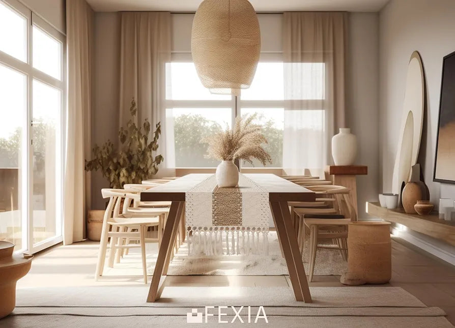 FEXIA 72-Inch Boho Macrame Table Runner with Tassels - Rustic Farmhouse Decor for Dining, Bridal Shower, and Living Room