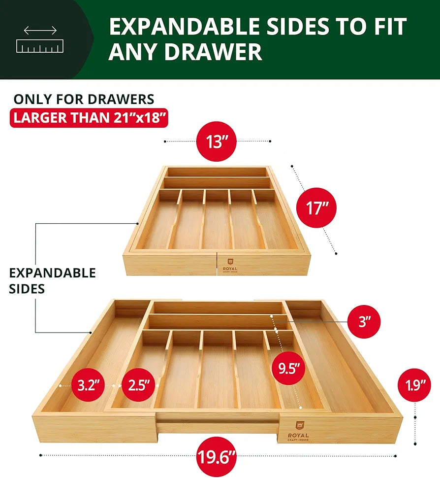 ROYAL CRAFT WOOD Luxury Bamboo Kitchen Drawer Organizer - Silverware Organizer, Utensil Holder & Cutlery Tray Drawer Dividers for Flatware 