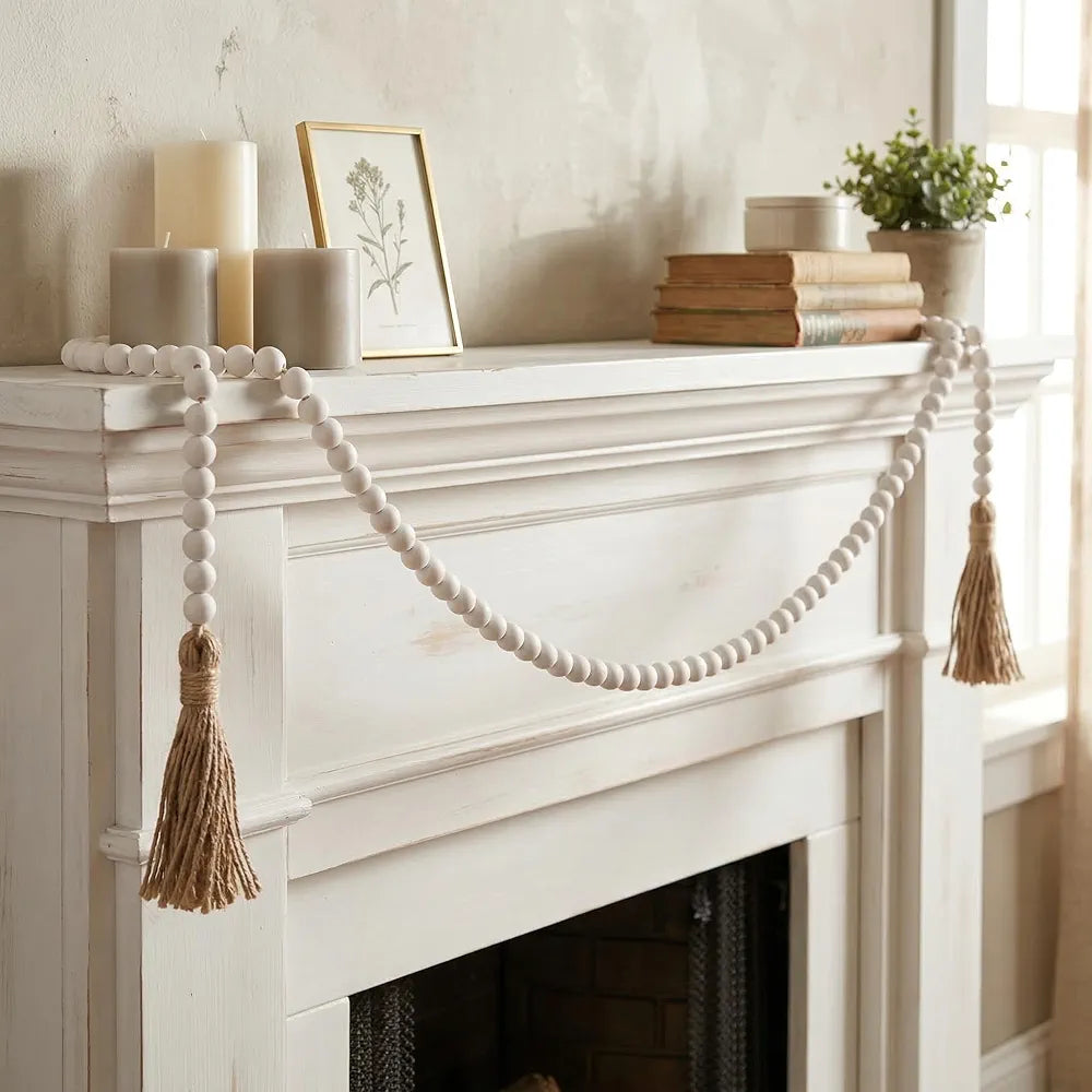 Rustic Boho Wood Bead Garland with Tassels - Long Farmhouse Decor
