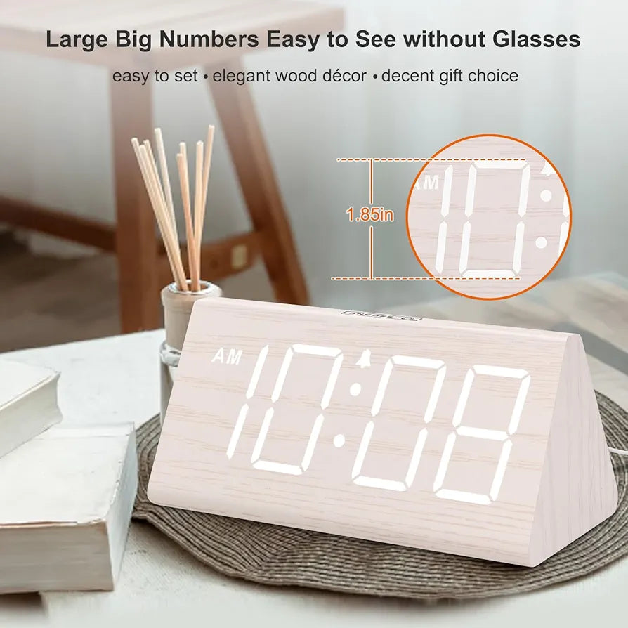 DreamSky Wooden Digital Alarm Clock with USB Charging and Adjustable Dimmer