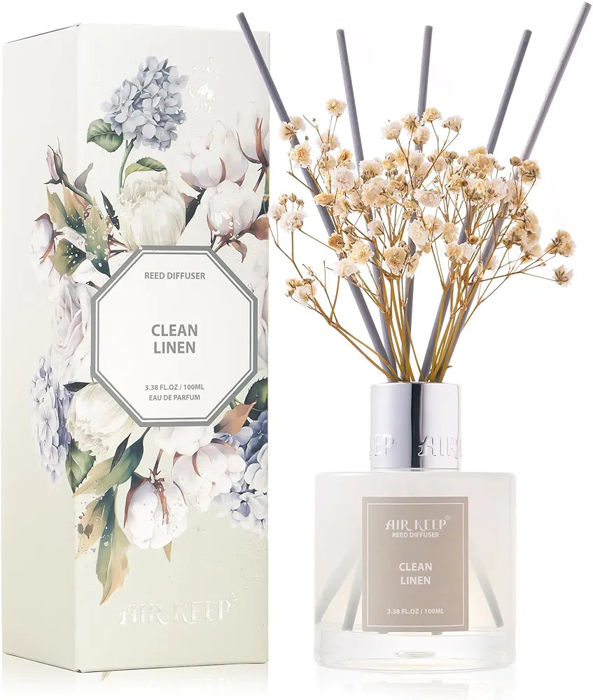 Airkeep Reed Diffuser Set,3.38 fl oz  - Clean Linen Oil Diffusers with 8 Reed Sticks,Home Fragrance Reed Diffuser for Bathroom Shelf Decor