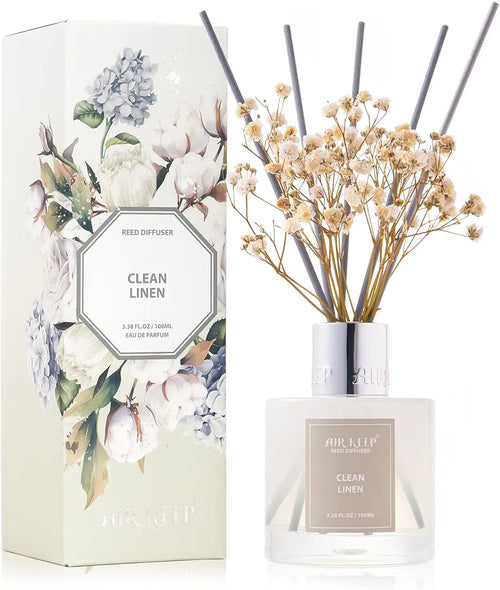 Airkeep Reed Diffuser Set,3.38 fl oz  - Clean Linen Oil Diffusers with 8 Reed Sticks,Home Fragrance Reed Diffuser for Bathroom Shelf Decor