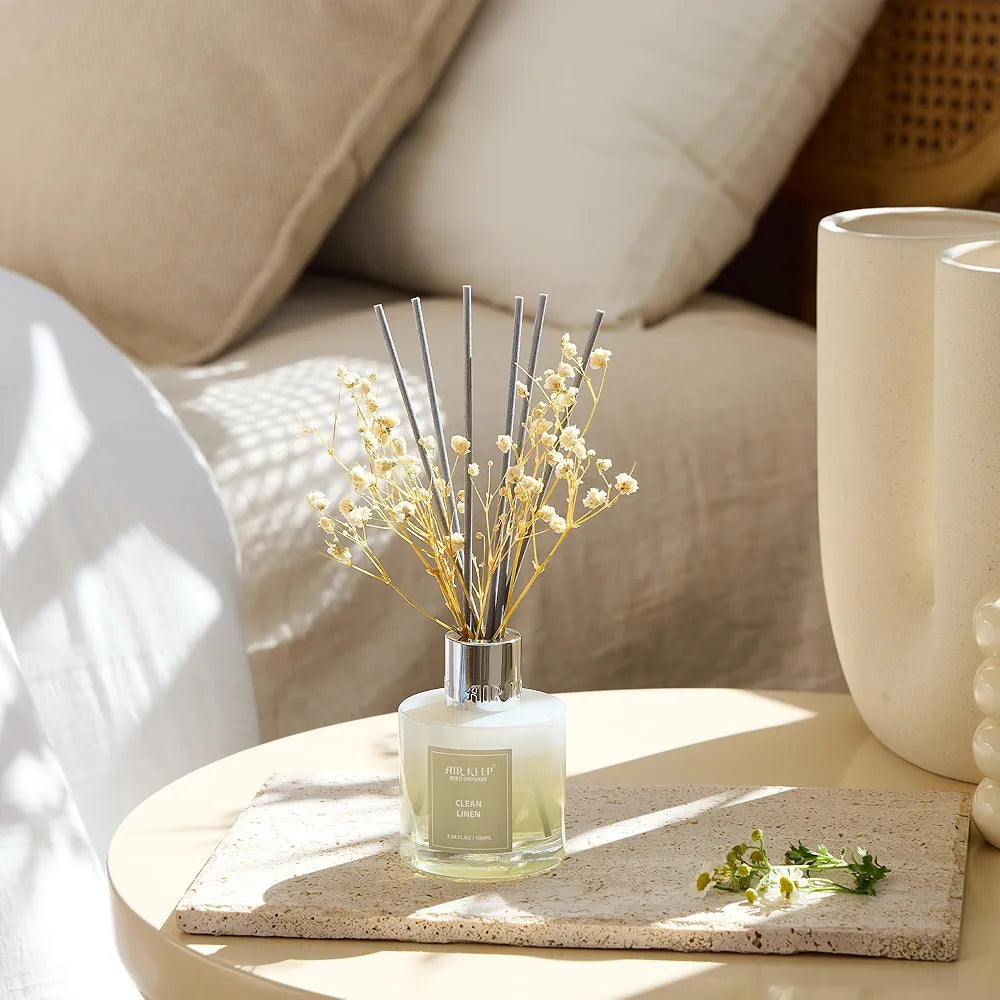 Airkeep Reed Diffuser Set,3.38 fl oz  - Clean Linen Oil Diffusers with 8 Reed Sticks,Home Fragrance Reed Diffuser for Bathroom Shelf Decor