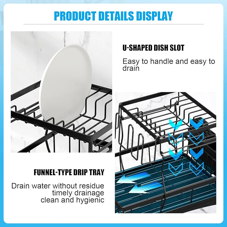 7-Code 2-Tier Large Capacity Dish Drying Rack with Utensil Holder - Black