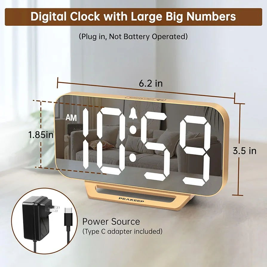 Peakeep Slim Digital LED Mirror Alarm Clock with 6 Dimmers