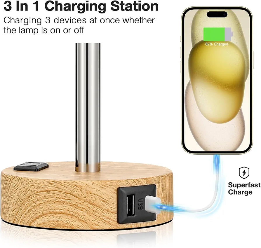 Fenmzee 3-Way Dimmable Touch Bedside Lamp with USB-C Charging Port, AC Outlet, and Wood Base