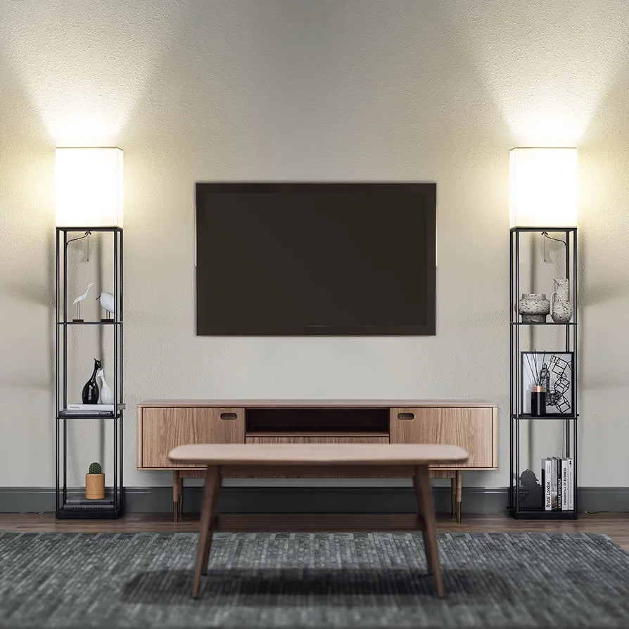 SUNMORY Modern 3-Tier Shelf Floor Lamp with 3-Color LED Bulb, Square Standing Bookshelf Lamp for Living Room and Bedroom