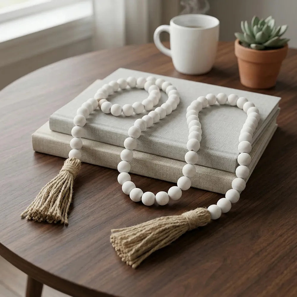 Rustic Boho Wood Bead Garland with Tassels - Long Farmhouse Decor