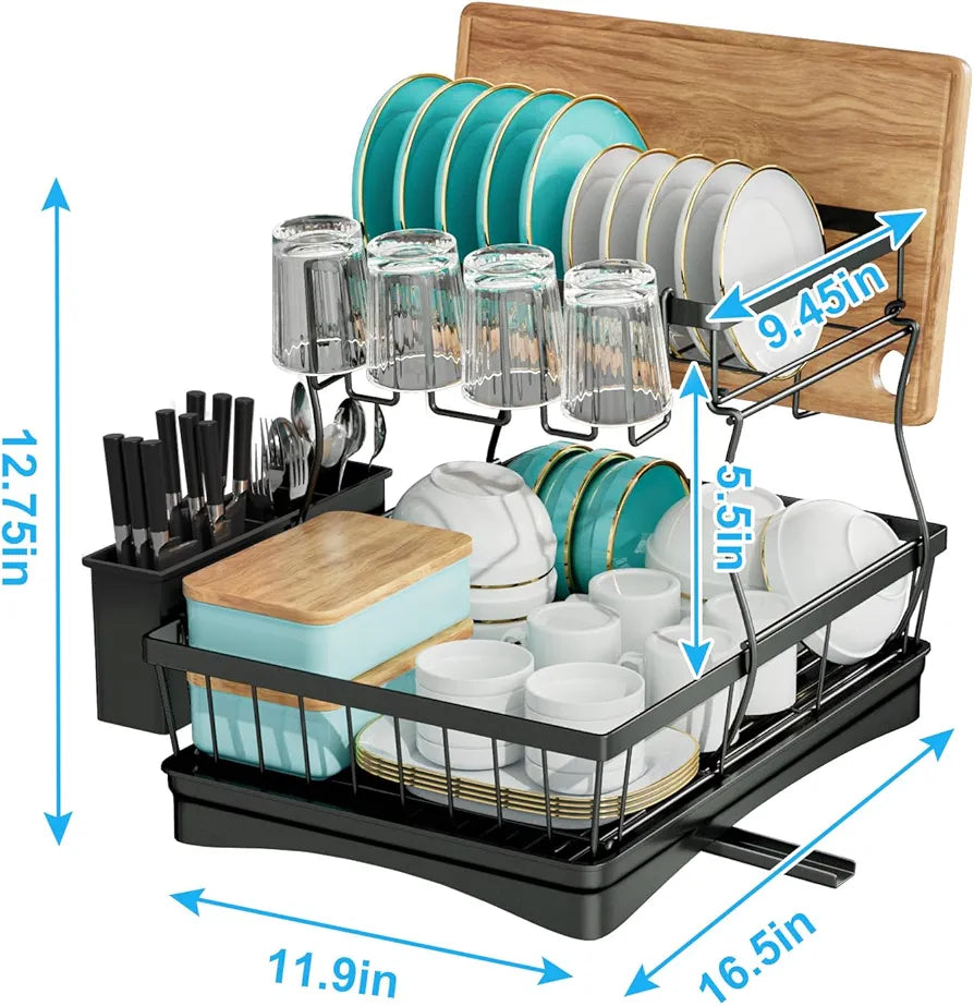 7-Code 2-Tier Large Capacity Dish Drying Rack with Utensil Holder - Black