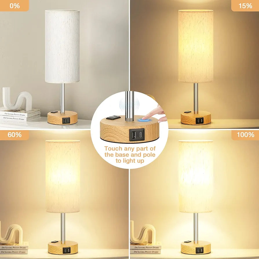 Fenmzee 3-Way Dimmable Touch Bedside Lamp with USB-C Charging Port, AC Outlet, and Wood Base