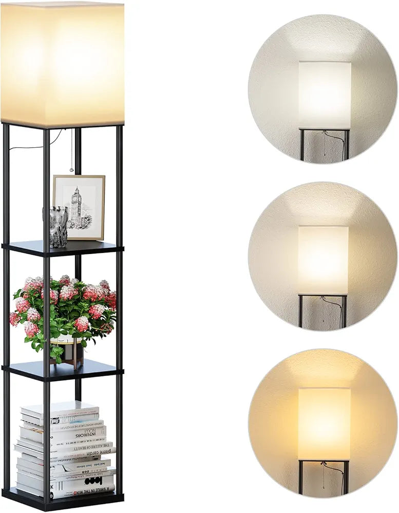 SUNMORY Modern 3-Tier Shelf Floor Lamp with 3-Color LED Bulb, Square Standing Bookshelf Lamp for Living Room and Bedroom
