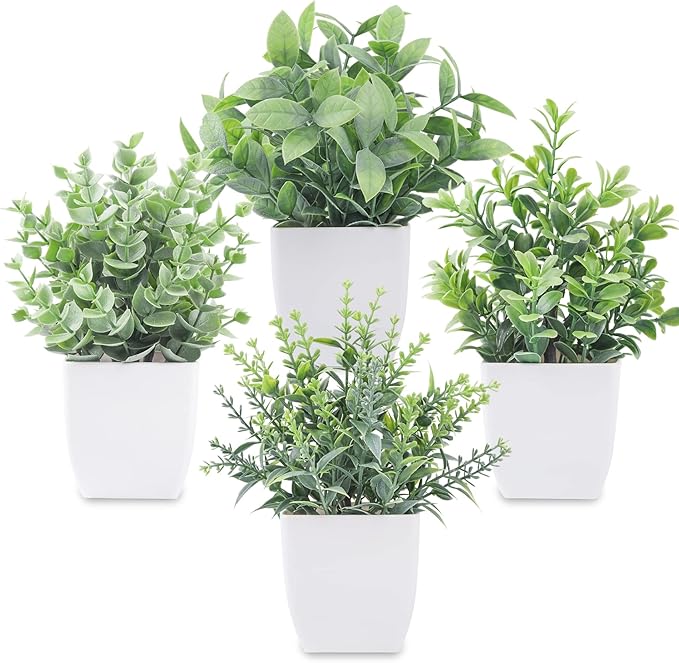 Der Rose Graduation Gifts 4 Pack Fake Plants Mini Artificial Greenery Potted Plants for Home Decor Indoor Office Table Room Farmhouse Bathroom Decor