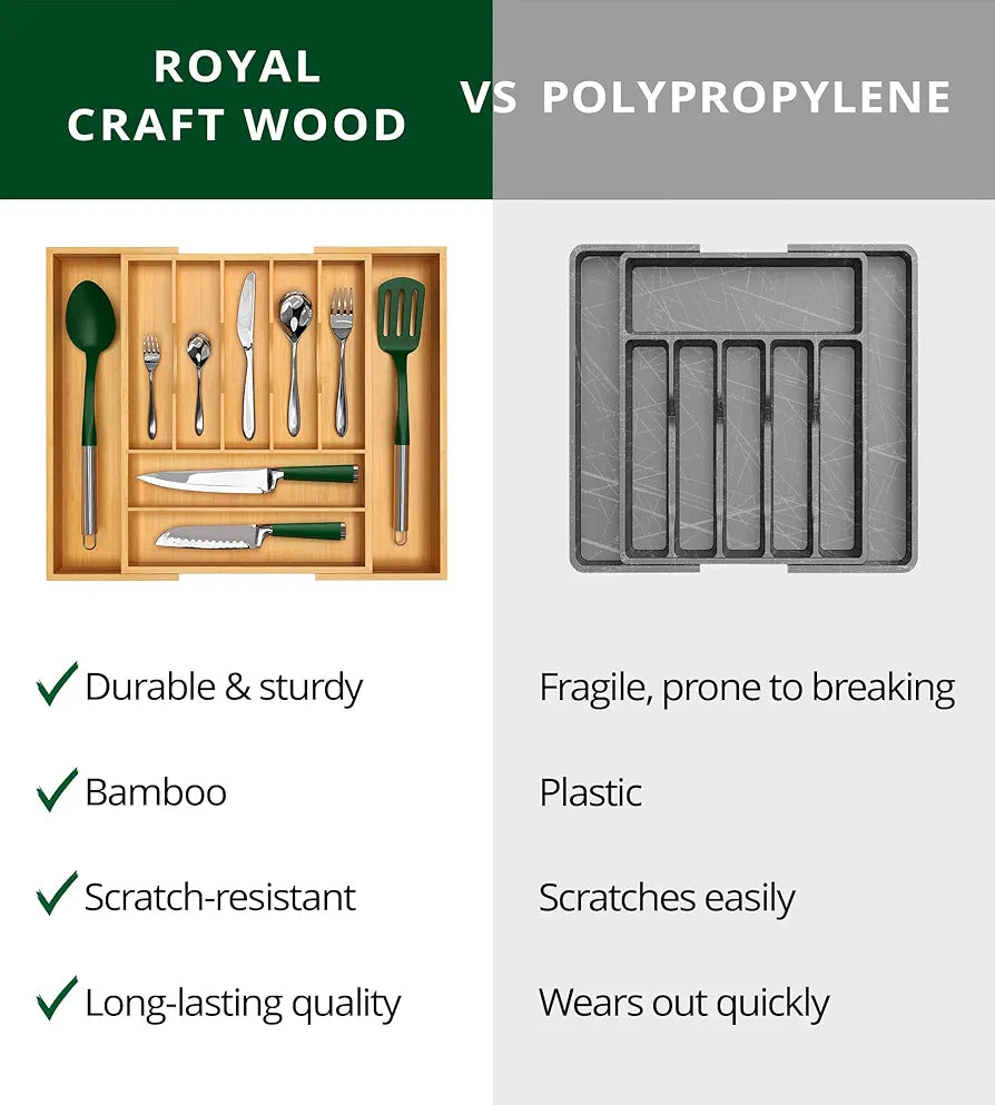 ROYAL CRAFT WOOD Luxury Bamboo Kitchen Drawer Organizer - Silverware Organizer, Utensil Holder & Cutlery Tray Drawer Dividers for Flatware 
