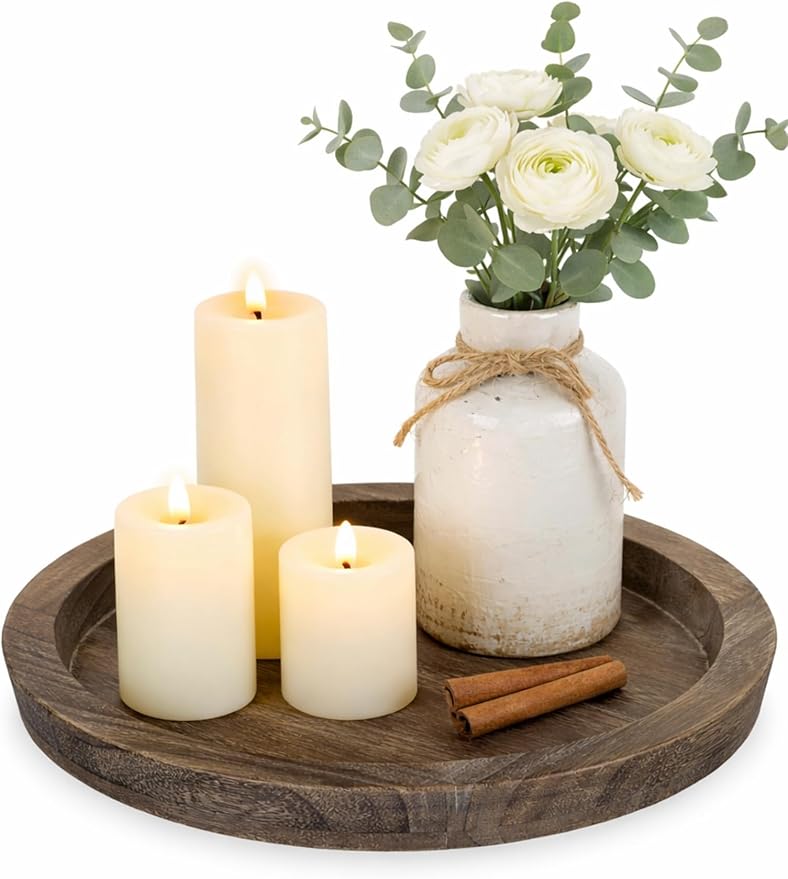 Hanobe Candle Plate Holder Tray: Round Wood Decorative Candle Plate - Rustic Farmhouse CoffeeTable Decor - Tealight Pillar Trays for Home Decor (Distressed)