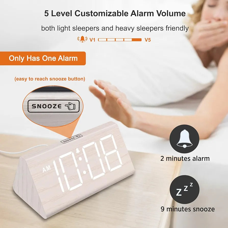 DreamSky Wooden Digital Alarm Clock with USB Charging and Adjustable Dimmer