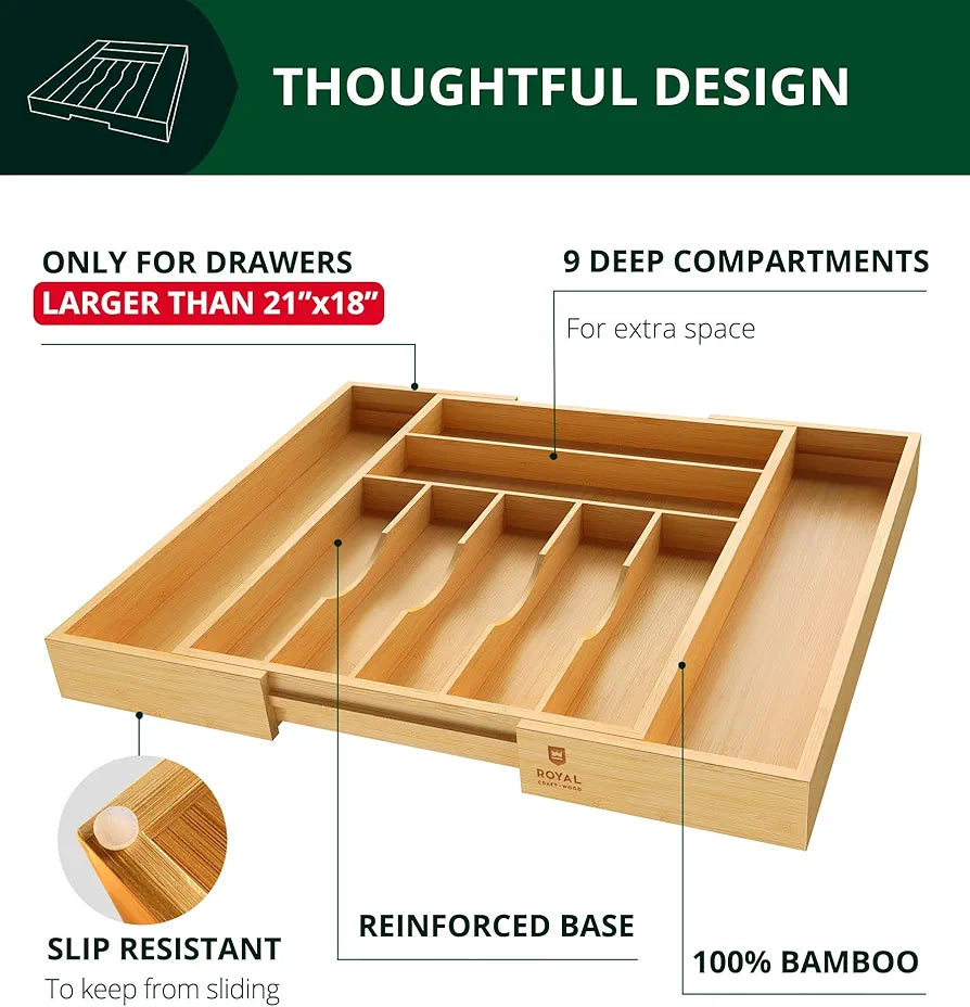 ROYAL CRAFT WOOD Luxury Bamboo Kitchen Drawer Organizer - Silverware Organizer, Utensil Holder & Cutlery Tray Drawer Dividers for Flatware 