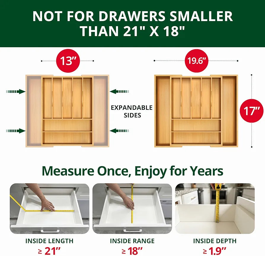 ROYAL CRAFT WOOD Luxury Bamboo Kitchen Drawer Organizer - Silverware Organizer, Utensil Holder & Cutlery Tray Drawer Dividers for Flatware 