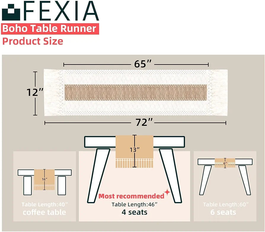 FEXIA 72-Inch Boho Macrame Table Runner with Tassels - Rustic Farmhouse Decor for Dining, Bridal Shower, and Living Room