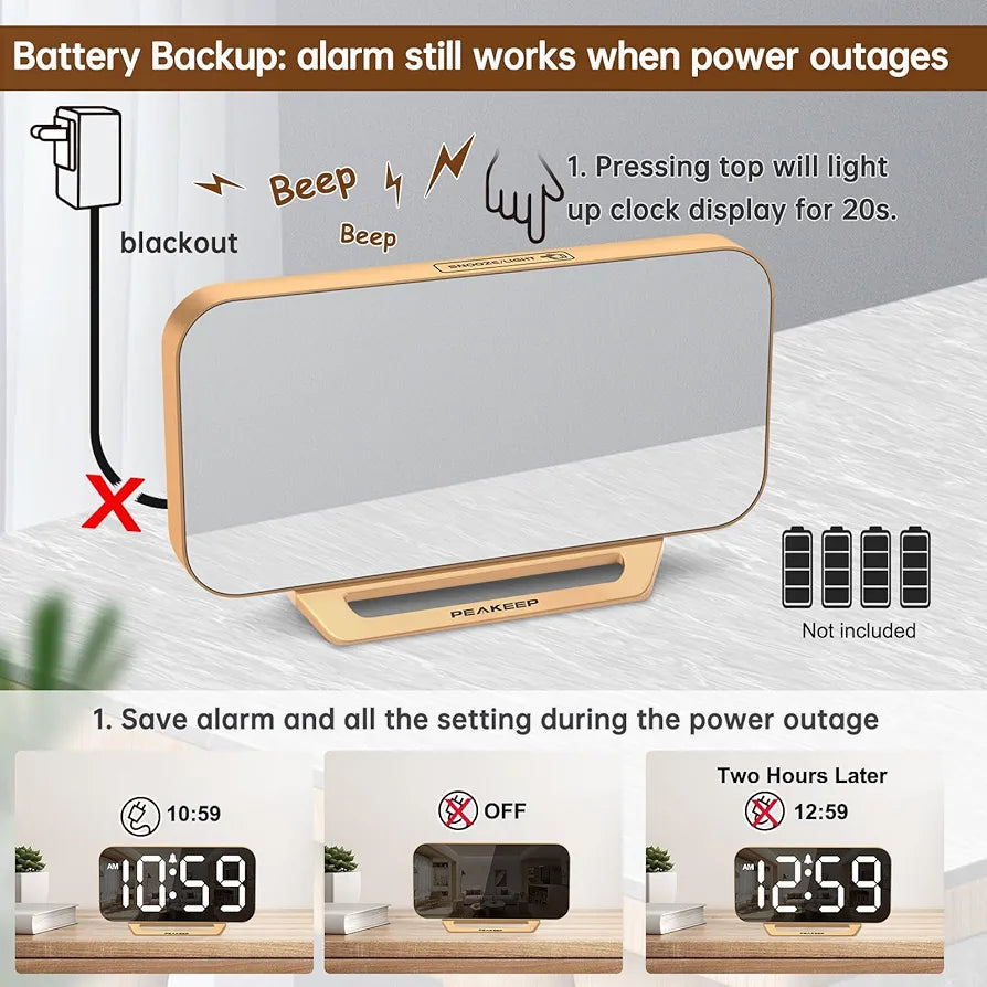 Peakeep Slim Digital LED Mirror Alarm Clock with Dimmers and Battery Backup