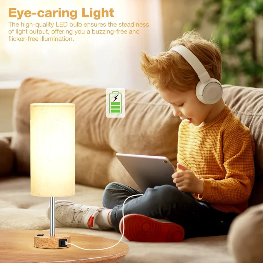 Fenmzee 3-Way Dimmable Touch Bedside Lamp with USB-C Charging Port, AC Outlet, and Wood Base
