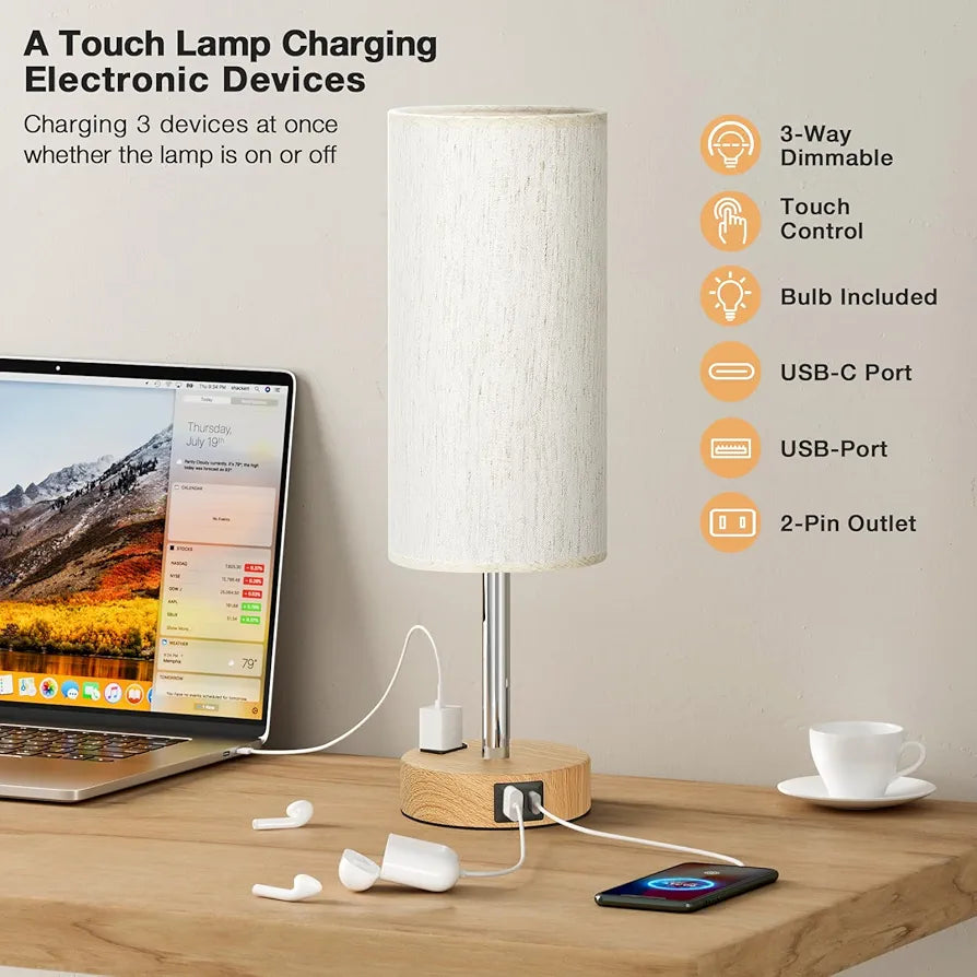 Fenmzee 3-Way Dimmable Touch Bedside Lamp with USB-C Charging Port, AC Outlet, and Wood Base