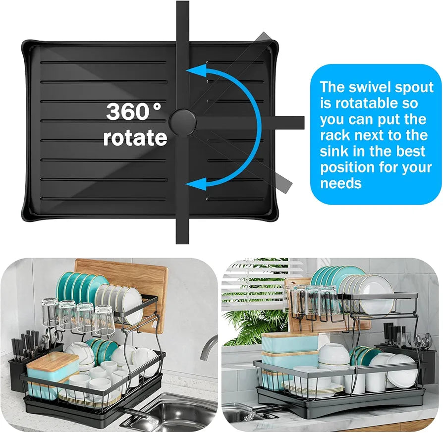 7-Code 2-Tier Large Capacity Dish Drying Rack with Utensil Holder - Black