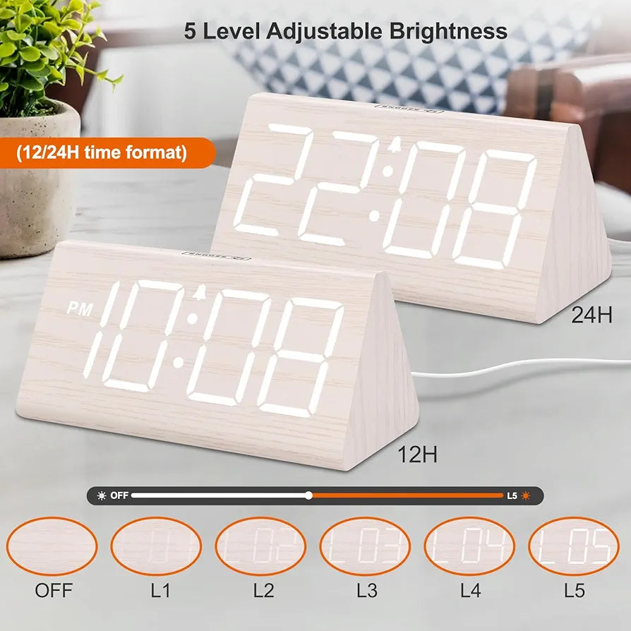 DreamSky Wooden Digital Alarm Clock with USB Charging and Adjustable Dimmer