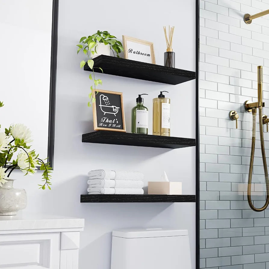 BAYKA Rustic Wall-Mounted Floating Wood Shelves for Bathroom, Bedroom, Kitchen, and Living Room Storage with 22lbs Capacity