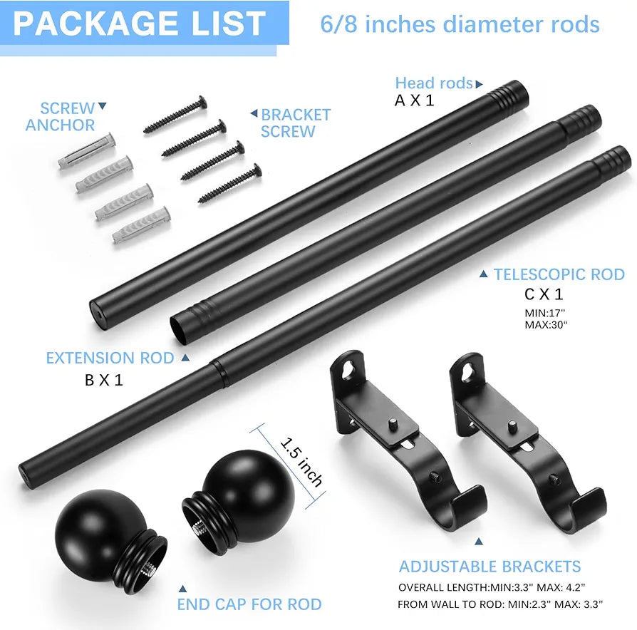 Adjustable 16-48 Inch Black Curtain Rod with Round Finials, 5/8" Diameter